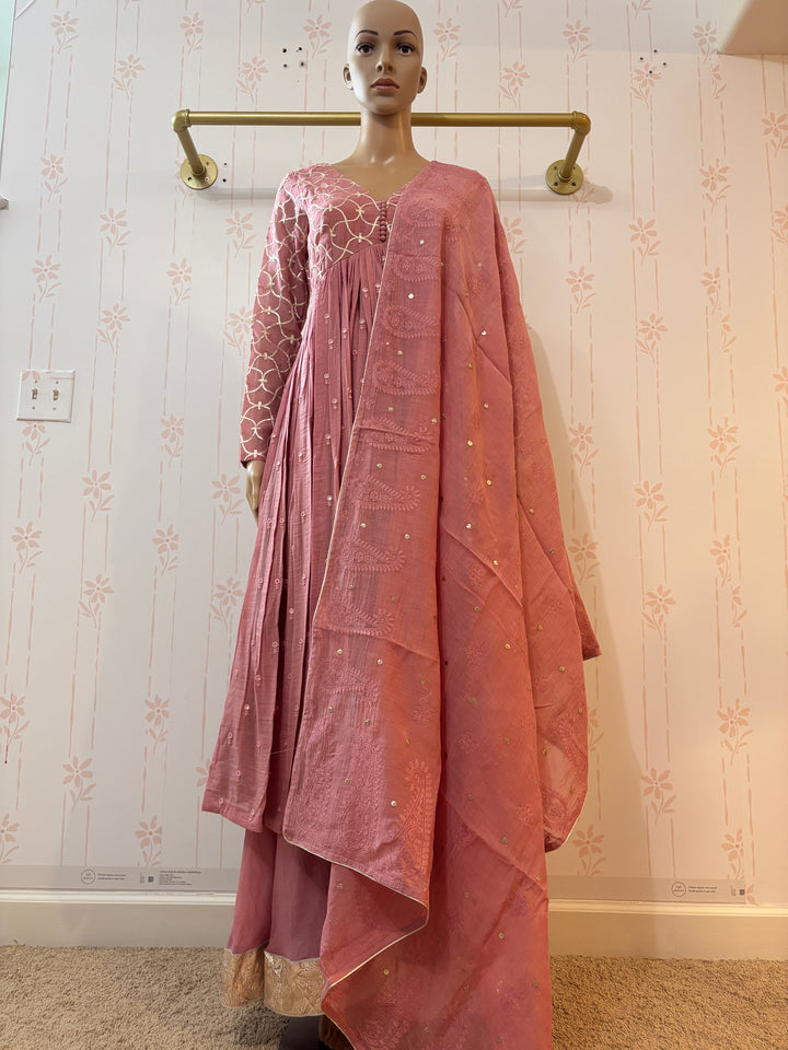 Dusty pink Gota Work Yoke Anarkali With Sharara And embroidered Dupatta (Set Of 3)