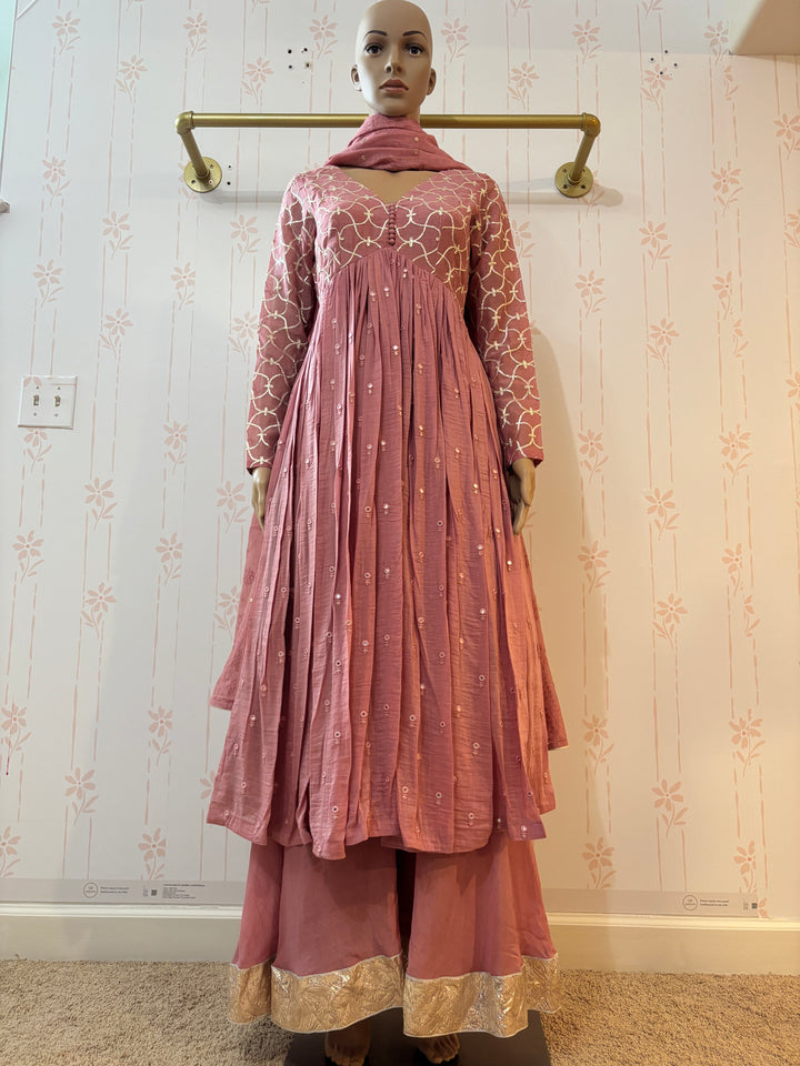 Dusty pink Gota Work Yoke Anarkali With Sharara And embroidered Dupatta (Set Of 3)
