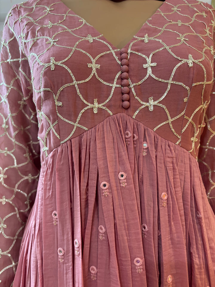 Dusty pink Gota Work Yoke Anarkali With Sharara And embroidered Dupatta (Set Of 3)