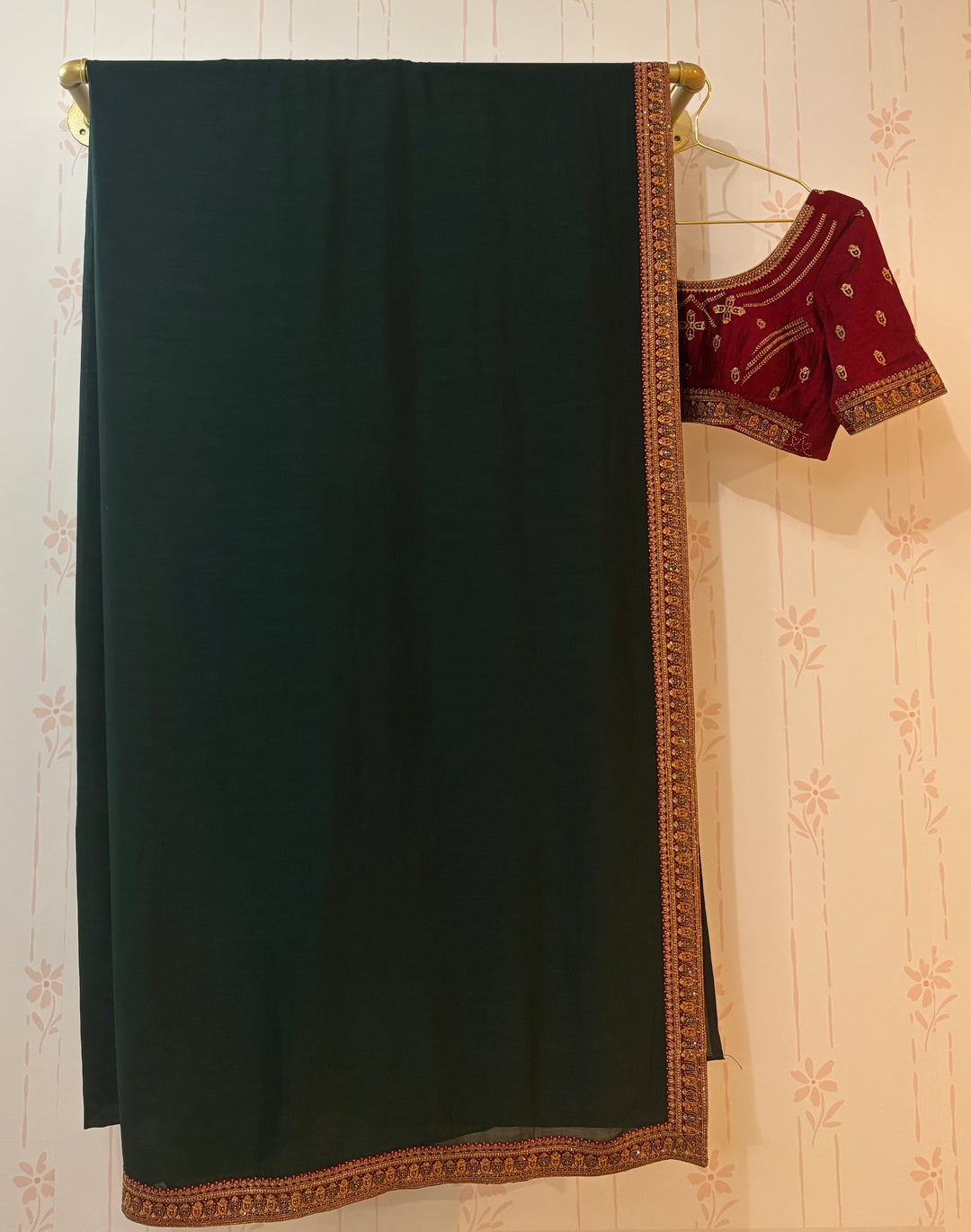 Green and red soft raw silk saree and blouse set