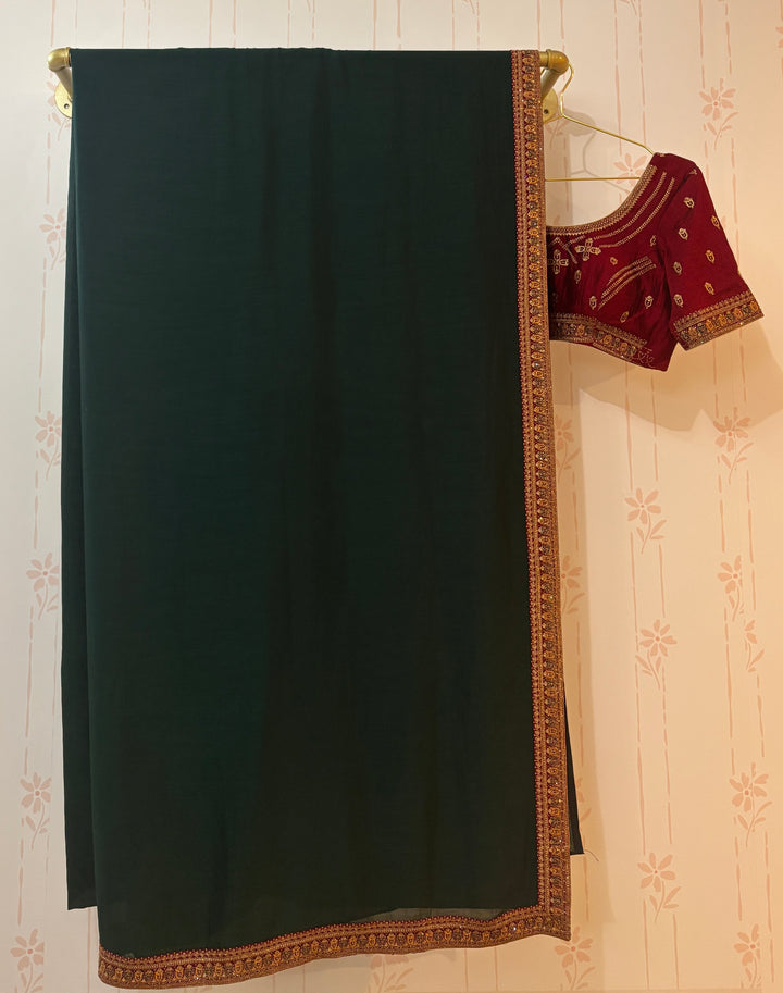 Green and red soft raw silk saree and blouse set