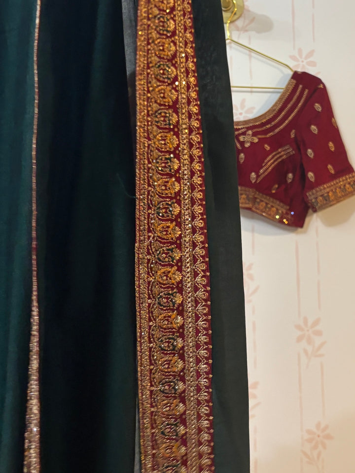 Green and red soft raw silk saree and blouse set
