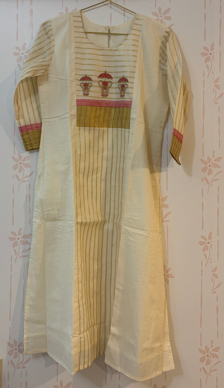Kerala Kasavu Kurta with Muthukuda embroidery