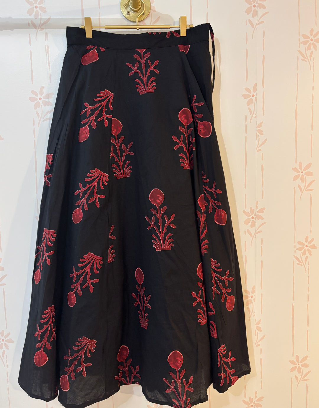 Black cotton block-print A line skirt