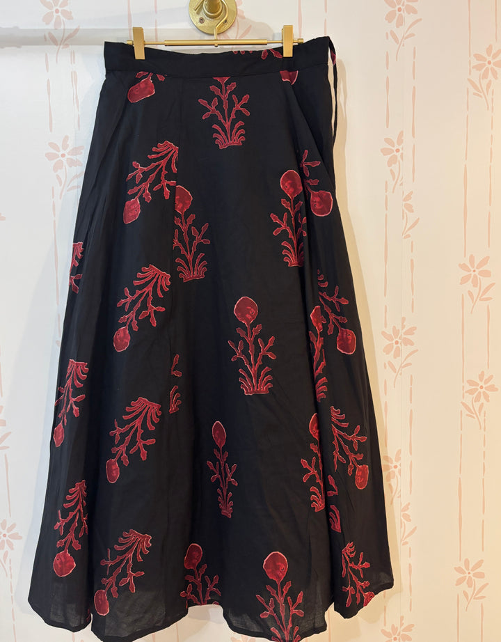 Black cotton block-print A line skirt