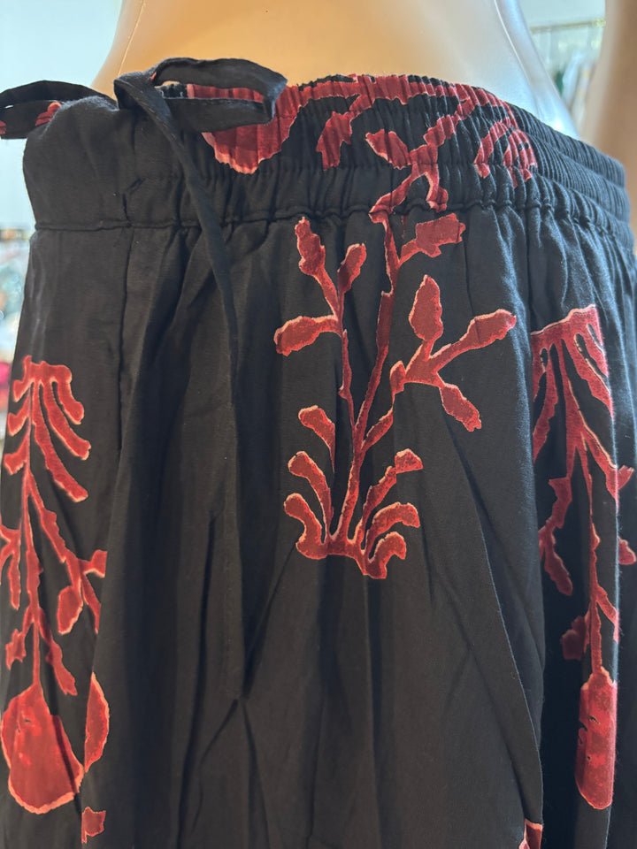Black cotton block-print A line skirt