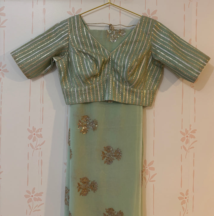 Mint green siver/gold sequins embroidered saree and blouse set
