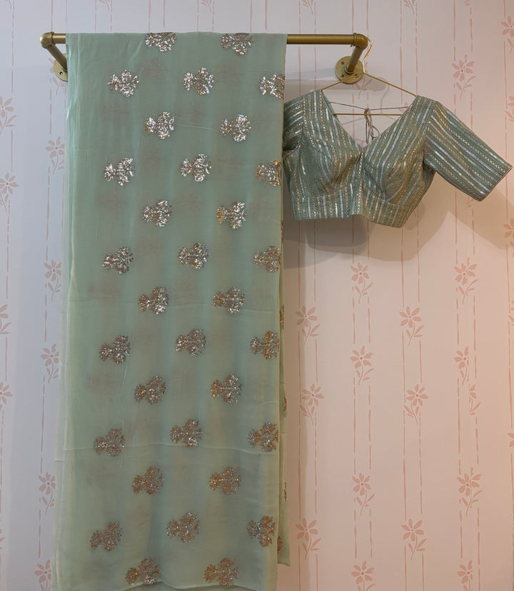 Mint green siver/gold sequins embroidered saree and blouse set