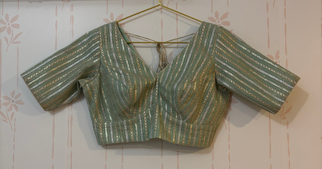 Mint green siver/gold sequins embroidered saree and blouse set