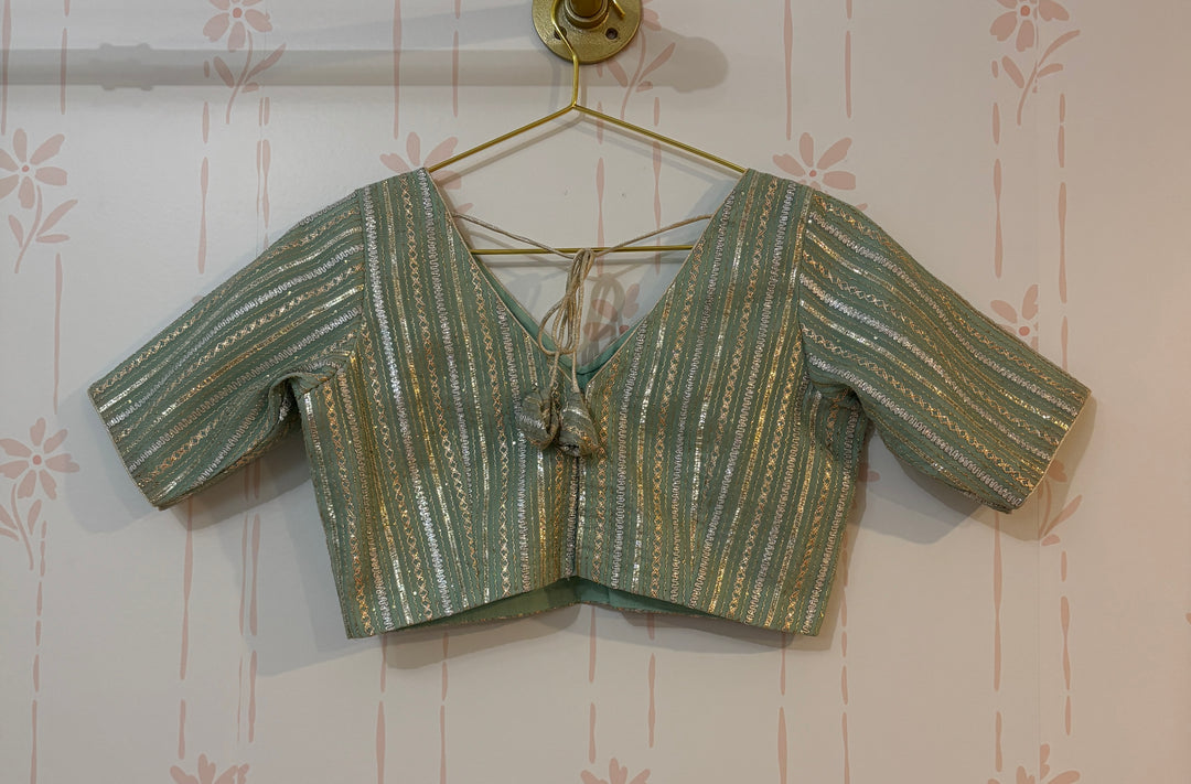 Mint green siver/gold sequins embroidered saree and blouse set