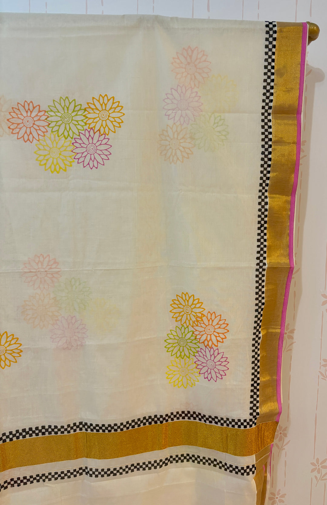 Kerala Kasavu Block Print Saree
