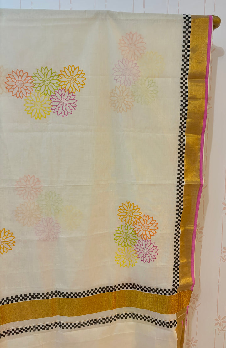 Kerala Kasavu Block Print Saree