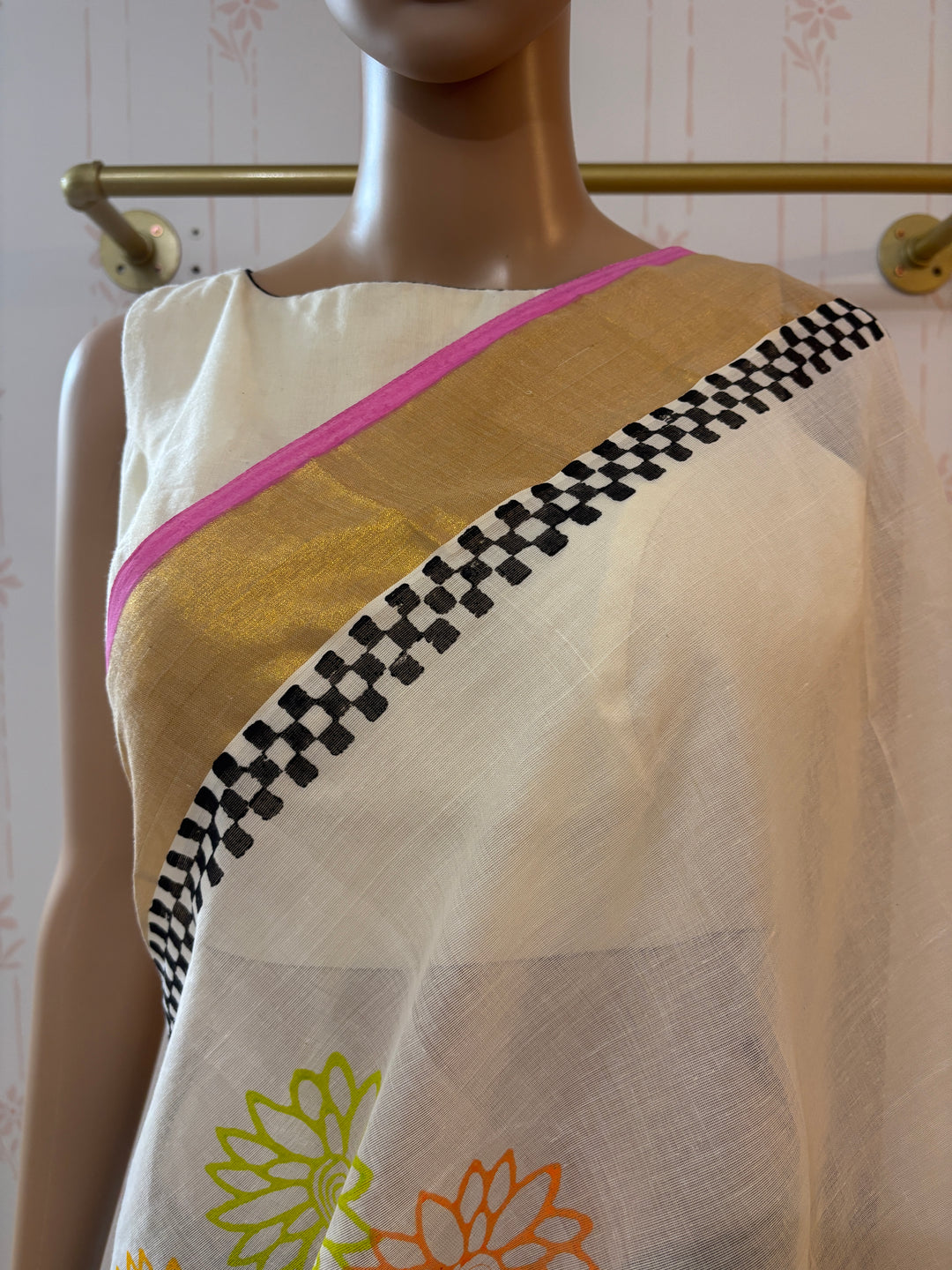 Kerala Kasavu Block Print Saree
