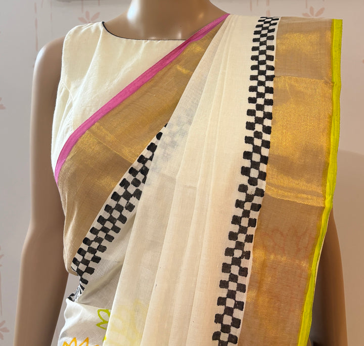 Kerala Kasavu Block Print Saree