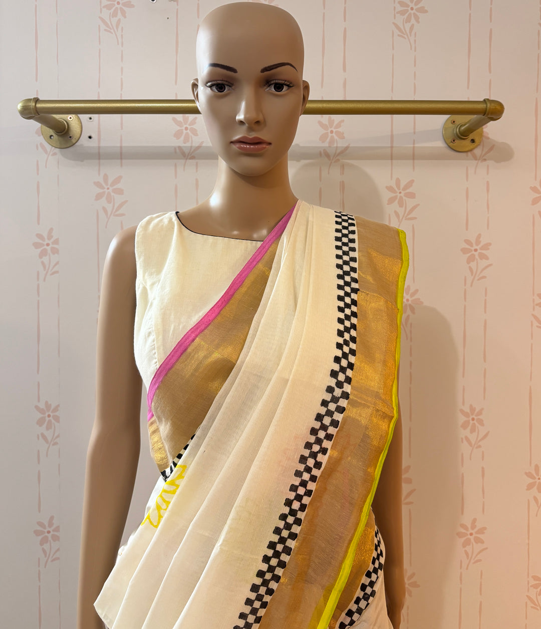 Kerala Kasavu Block Print Saree