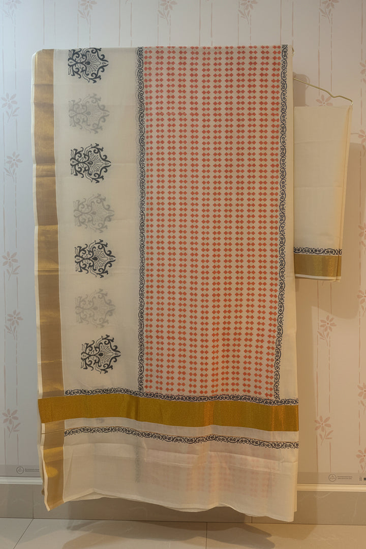 Kerala Kasavu Block Print Saree