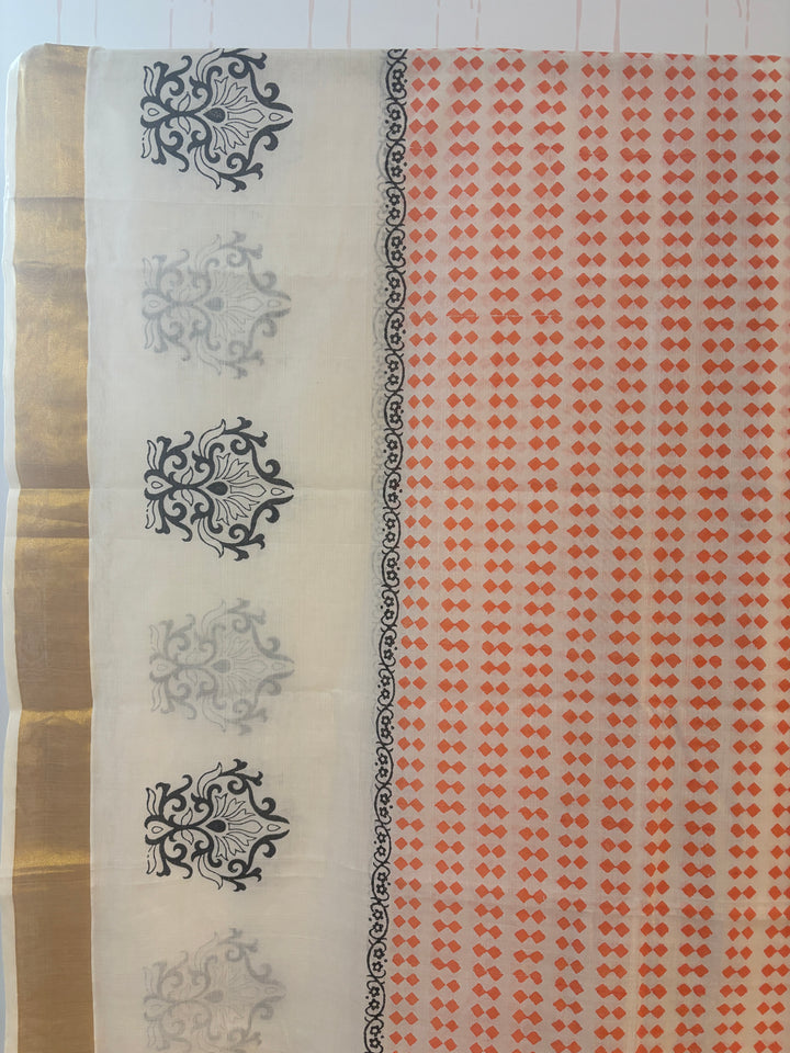 Kerala Kasavu Block Print Saree