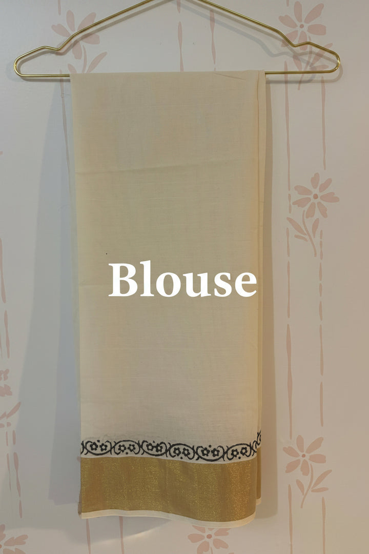 Kerala Kasavu Block Print Saree