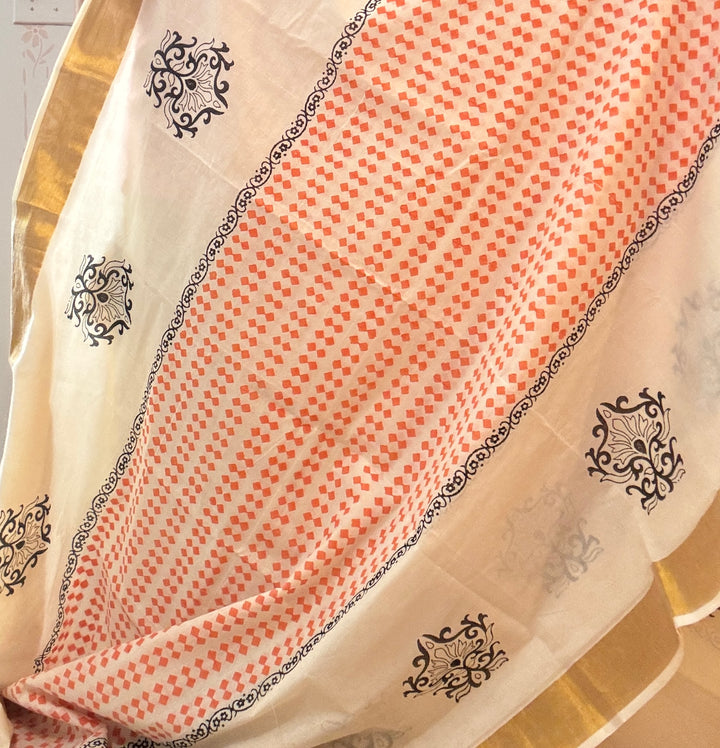 Kerala Kasavu Block Print Saree