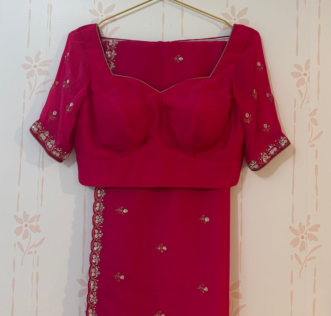 Ombre hot pink embroidered saree and blouse set