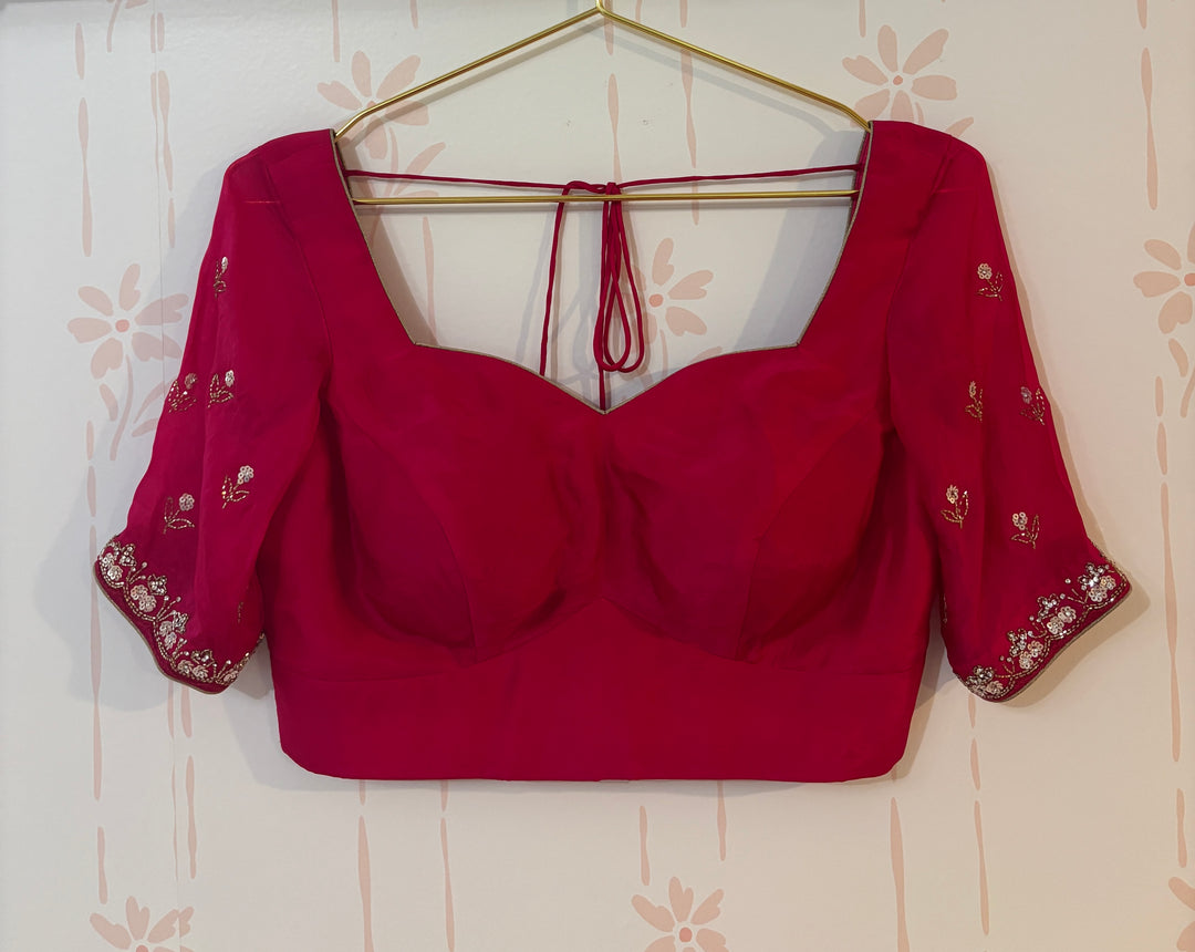 Ombre hot pink embroidered saree and blouse set
