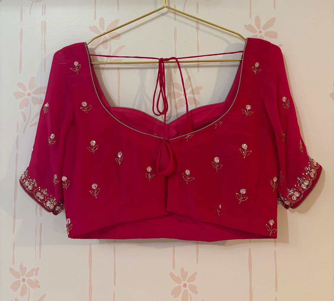 Ombre hot pink embroidered saree and blouse set