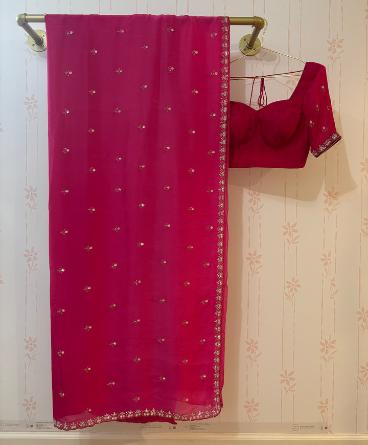 Ombre hot pink embroidered saree and blouse set