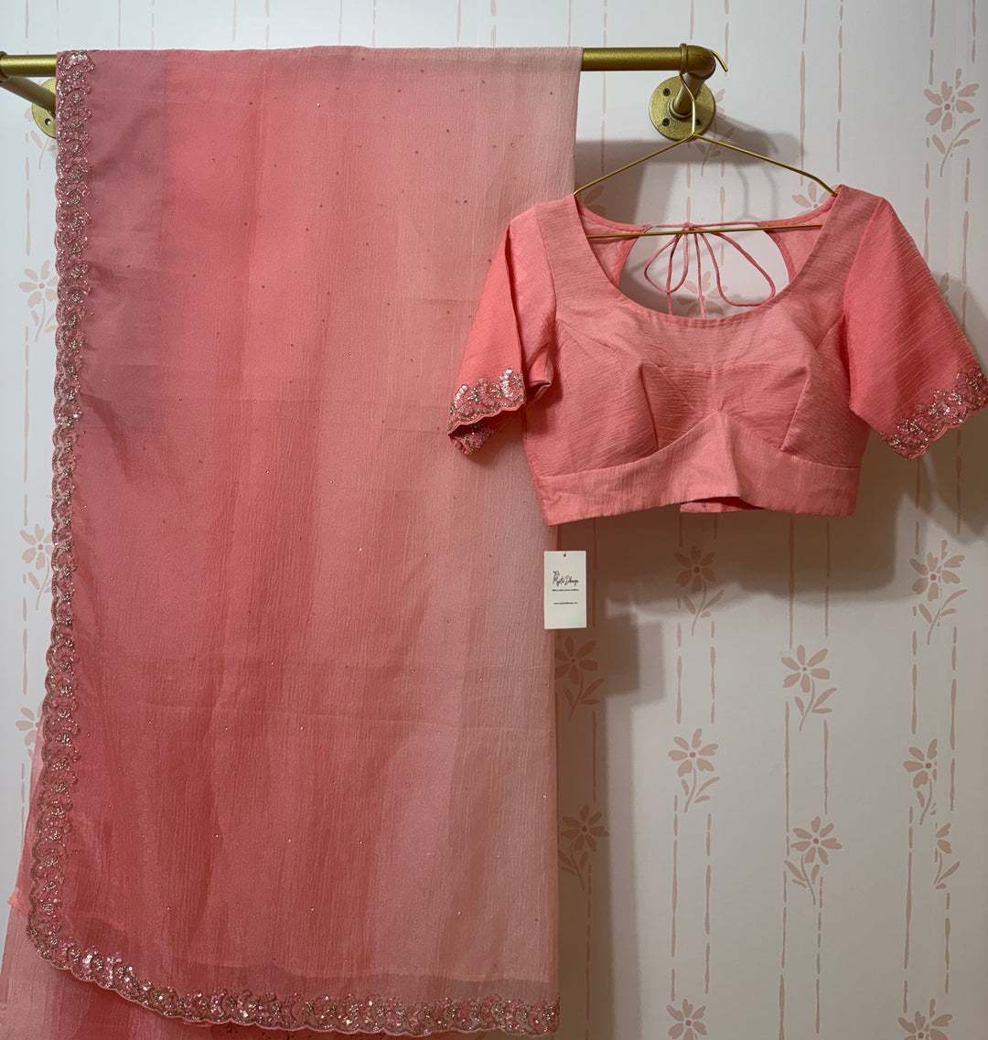 Ombre peach-pink crush organza saree and blouse set