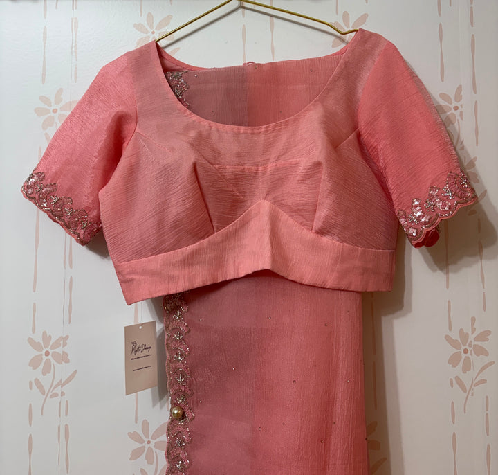Ombre peach-pink crush organza saree and blouse set