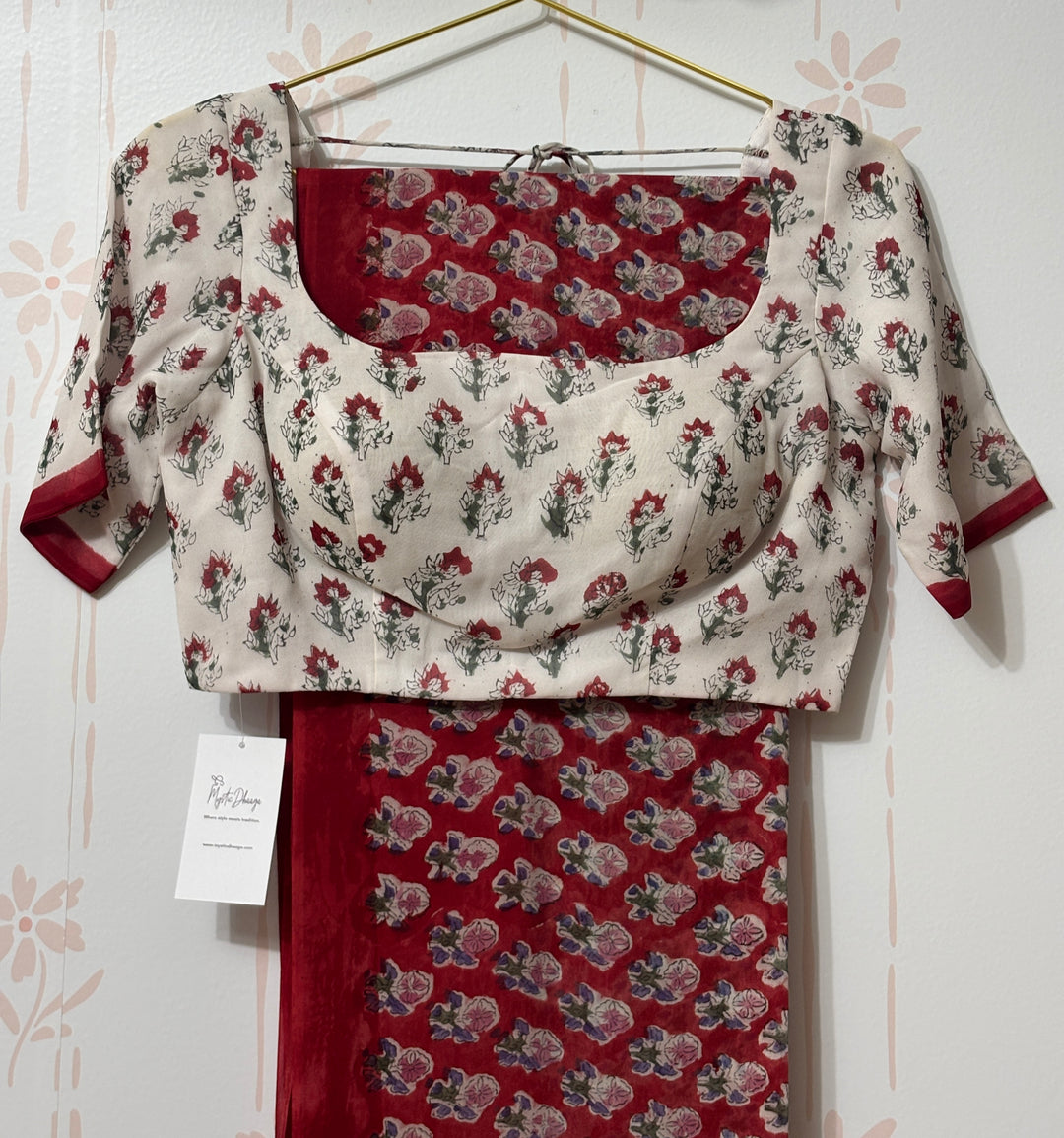 Red Block print Georgette saree and blouse set