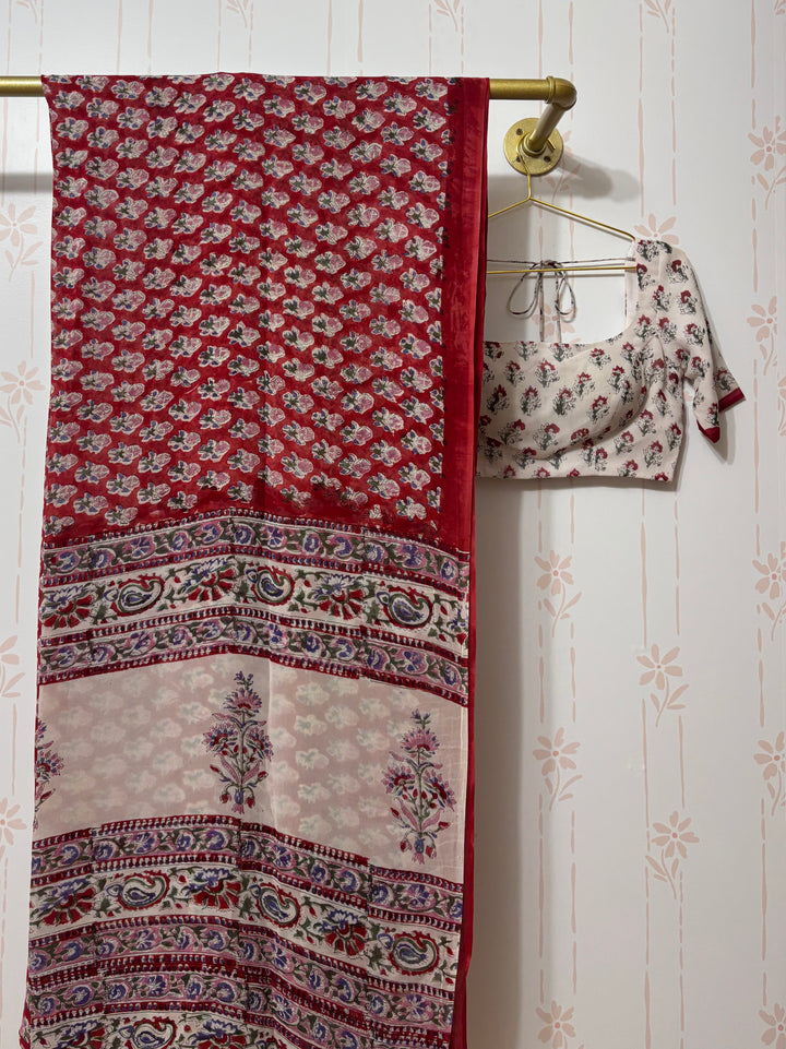 Red Block print Georgette saree and blouse set