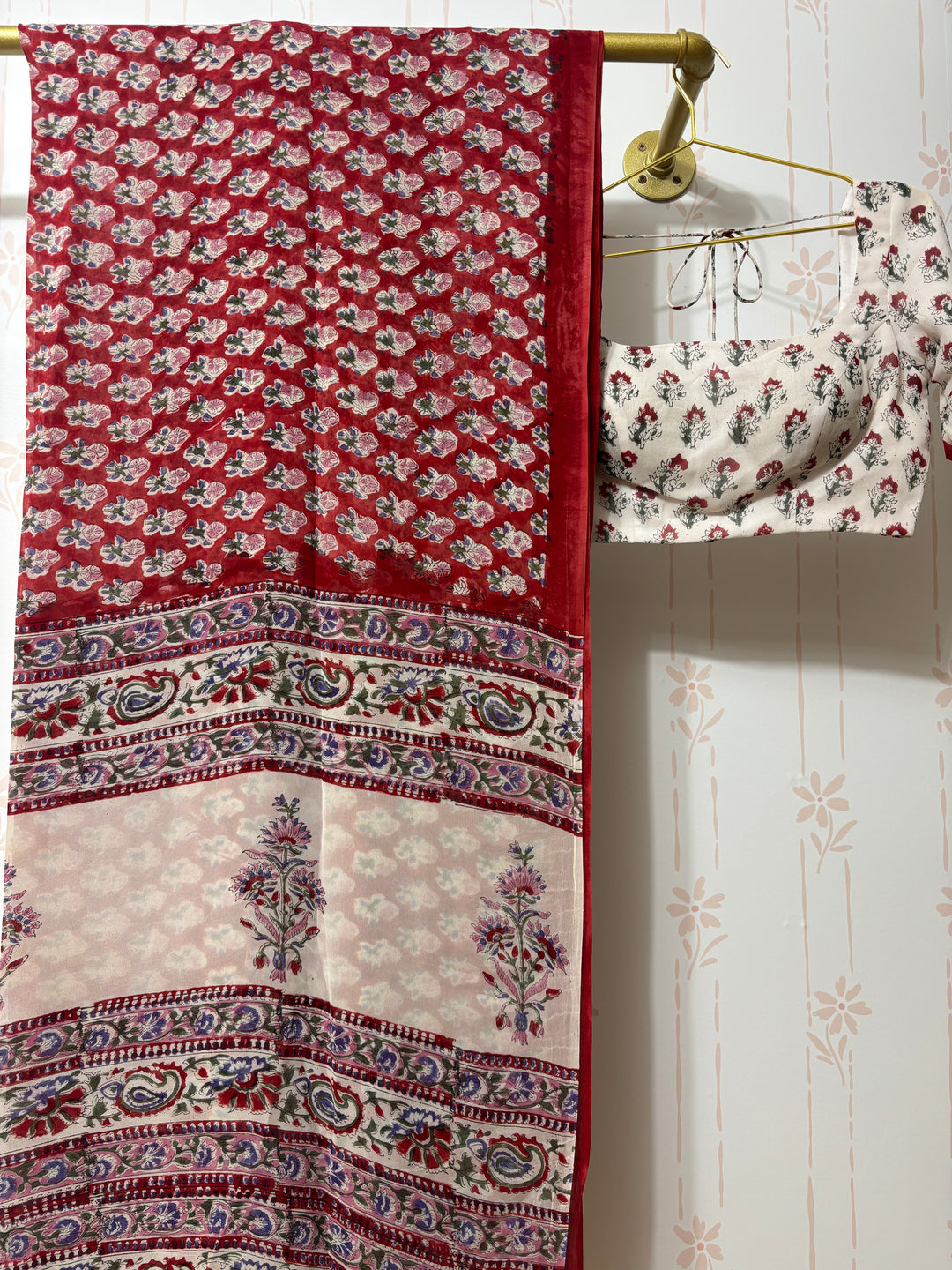 Red Block print Georgette saree and blouse set