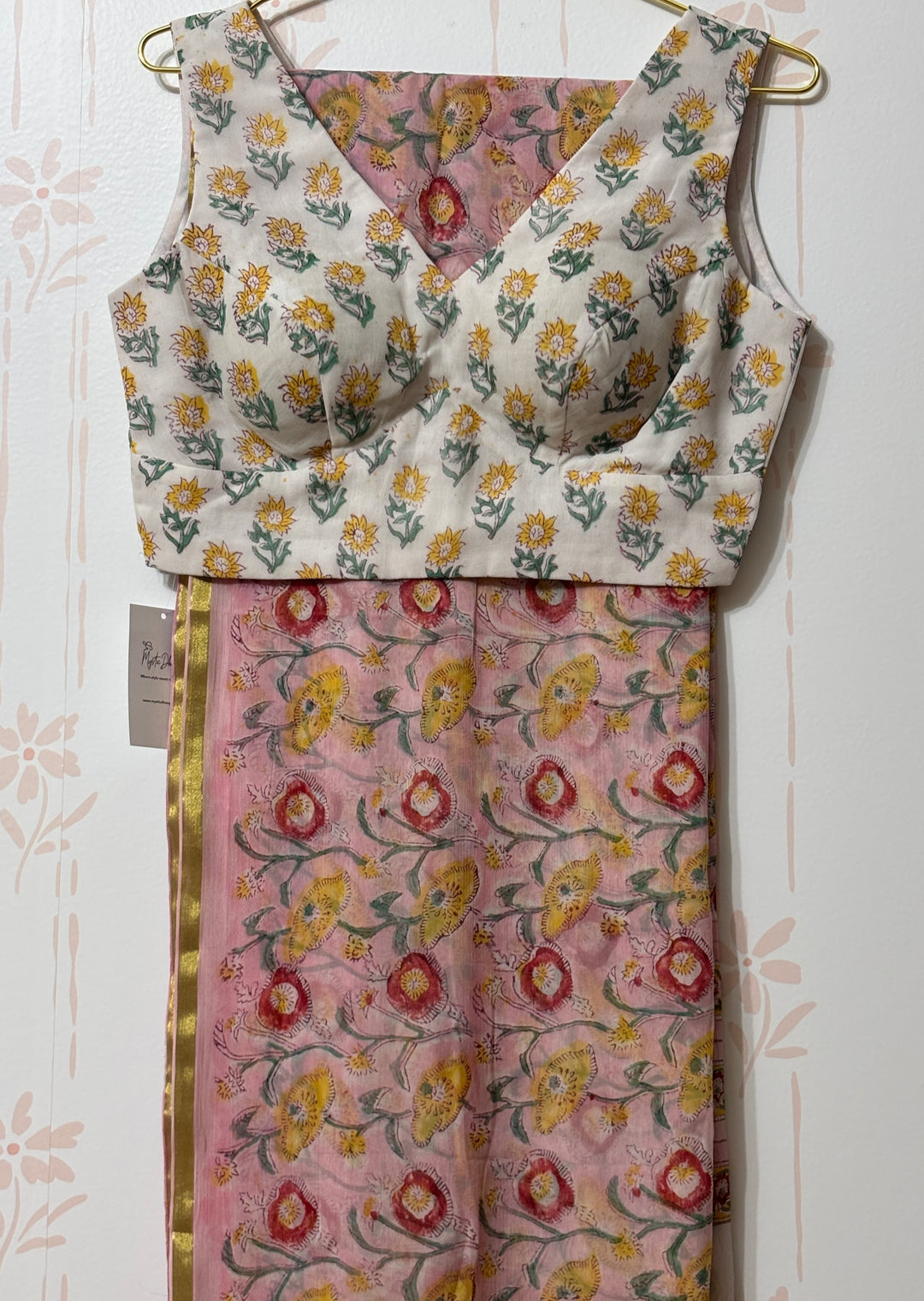 Pink block print Chiffon saree and blouse set