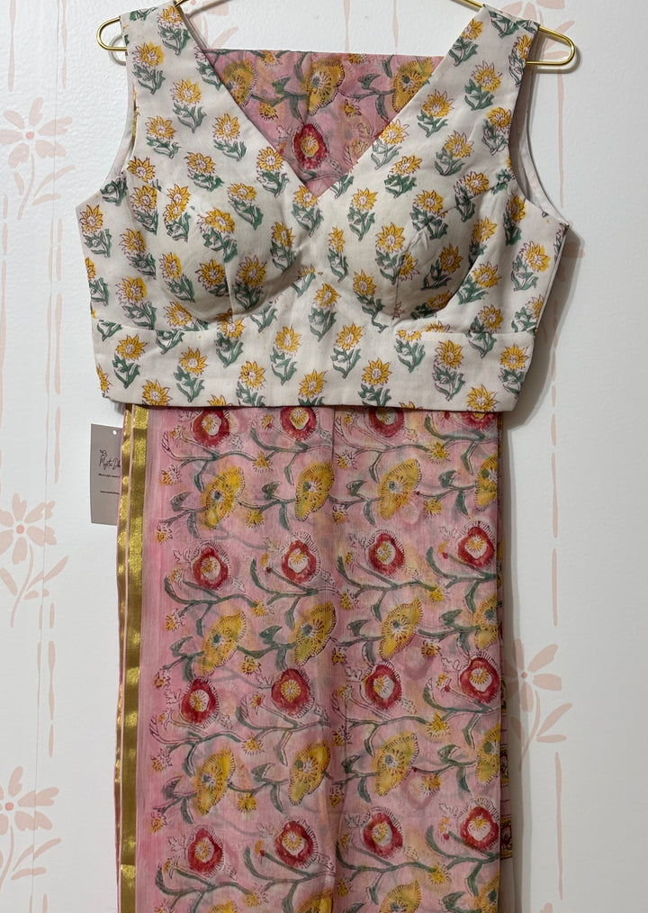 Pink block print Chiffon saree and blouse set