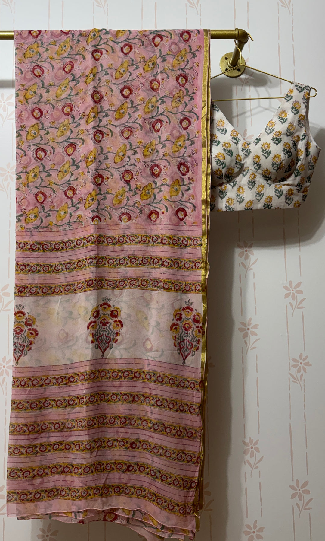 Pink block print Chiffon saree and blouse set