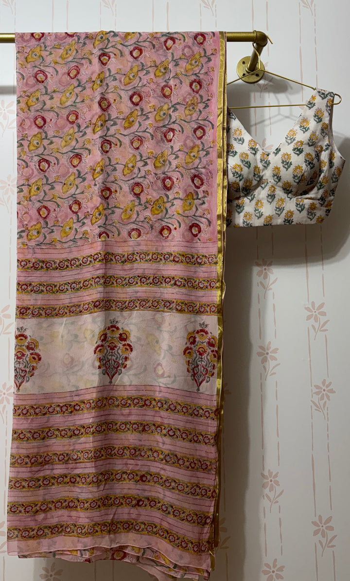 Pink block print Chiffon saree and blouse set