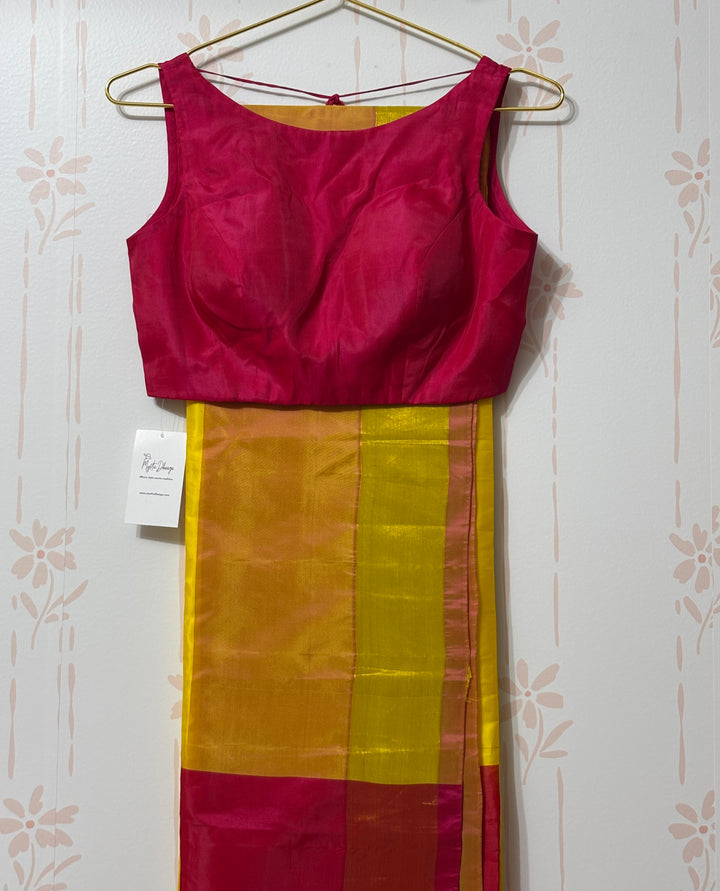 Yellow and pink silk cotton saree and blouse set
