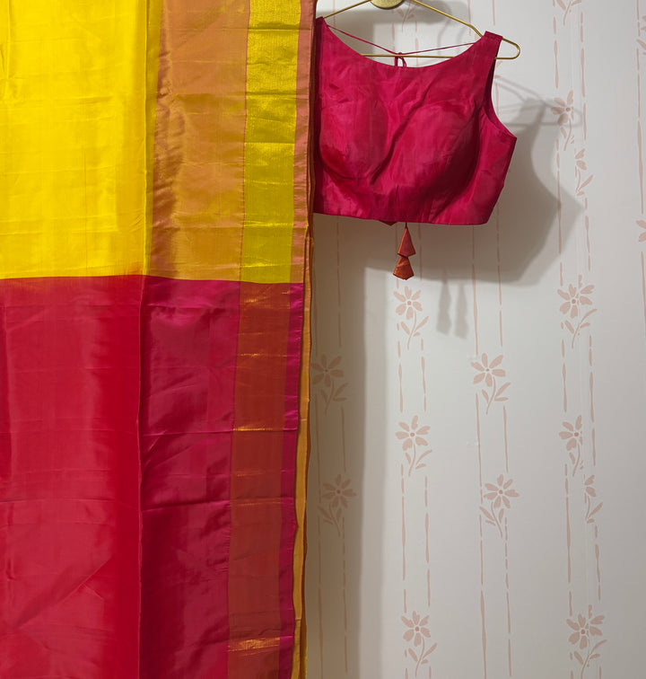 Yellow and pink silk cotton saree and blouse set
