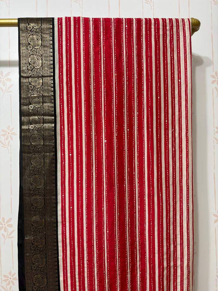 Red/white Munga silk saree with Kanchi border
