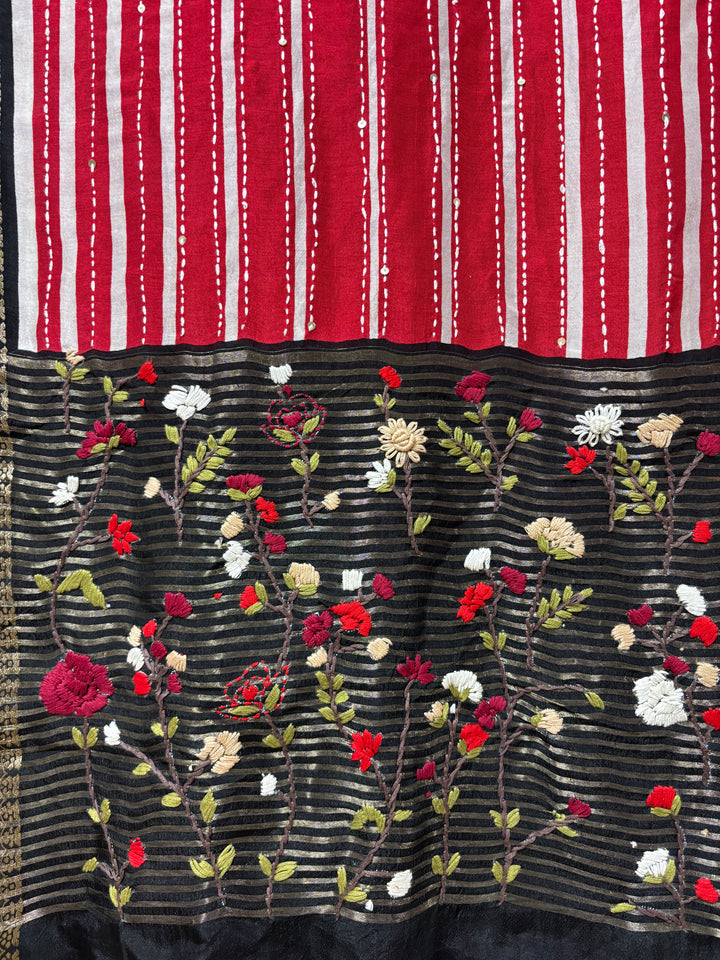Red/white Munga silk saree with Kanchi border