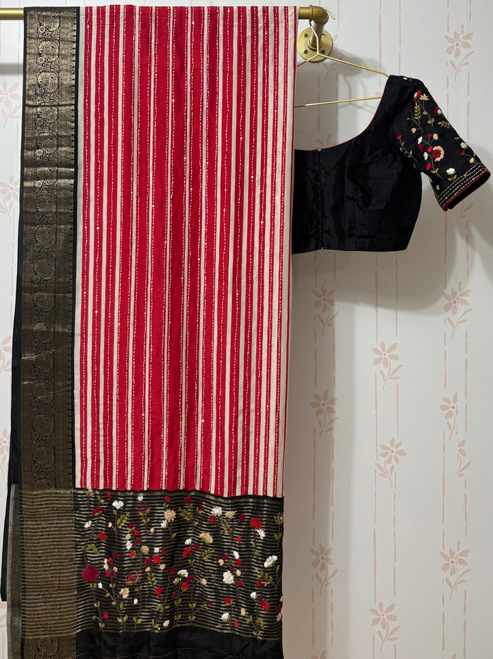 Red/white Munga silk saree with Kanchi border