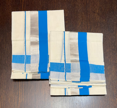 Blue silver double border cotton Set Mundu