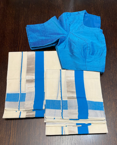 Blue silver double border cotton Set Mundu