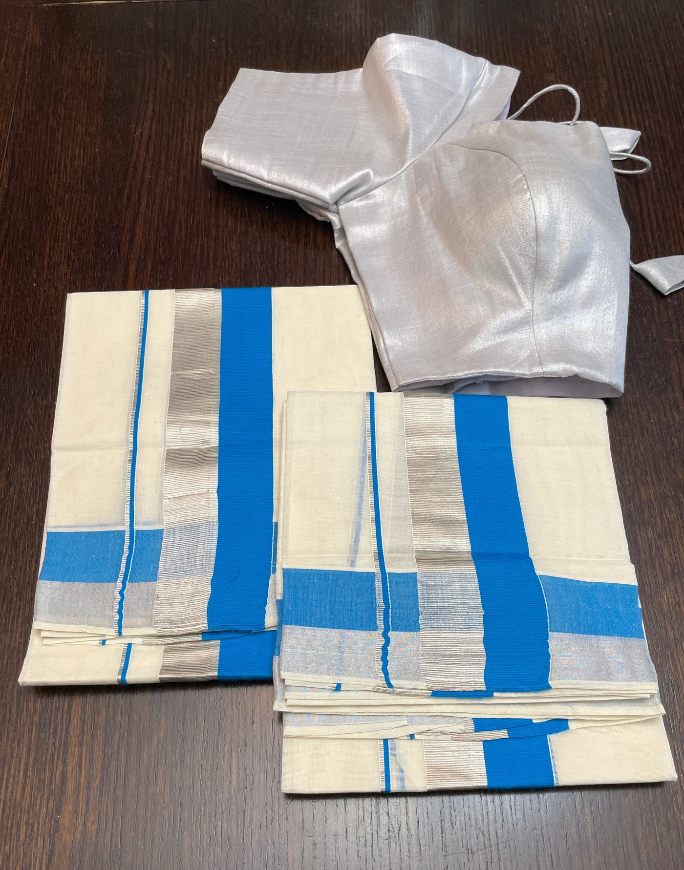 Blue silver double border cotton Set Mundu