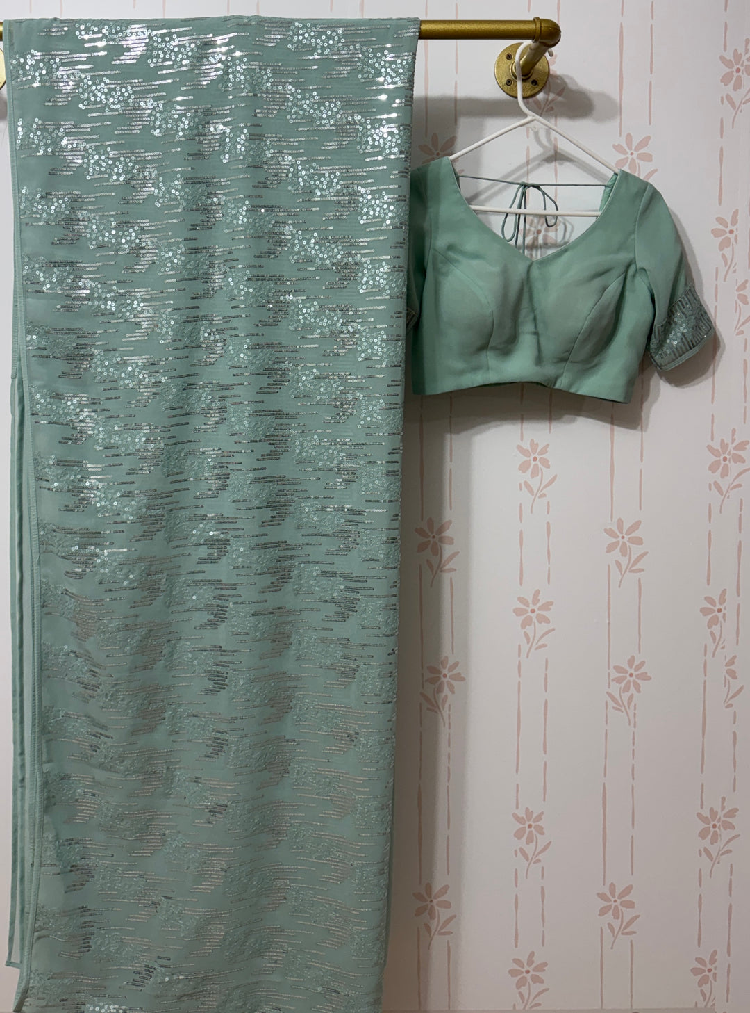 Light blue sequins saree and blouse set