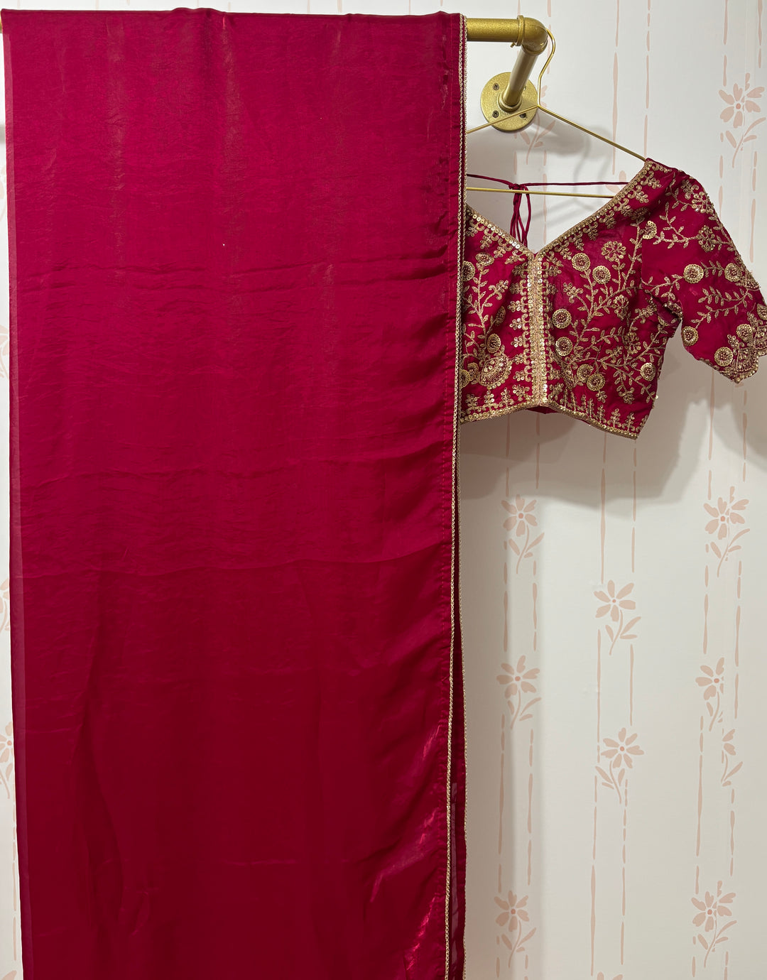 Hot Pink Velvet organza Saree and blouse set