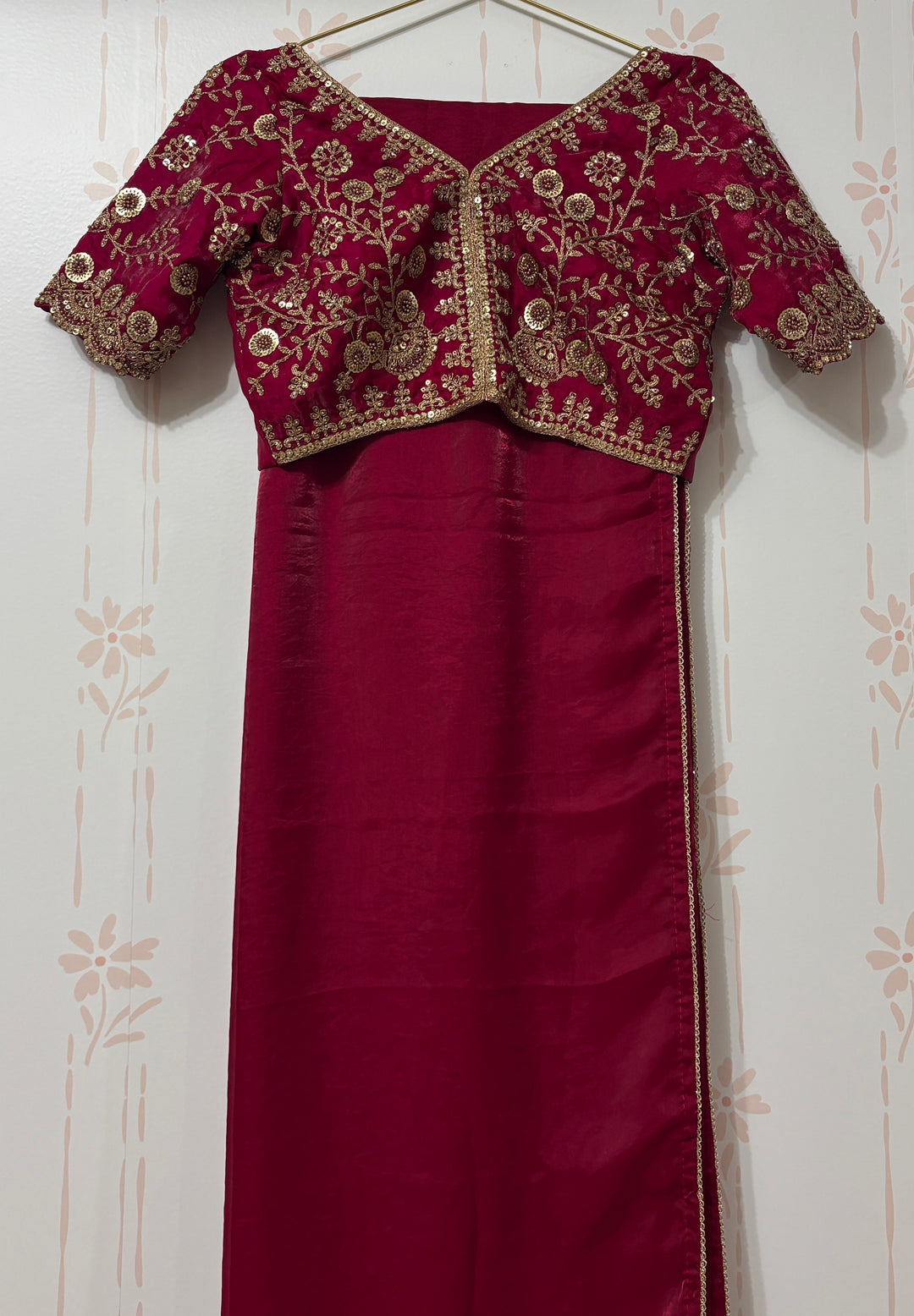 Hot Pink Velvet organza Saree and blouse set