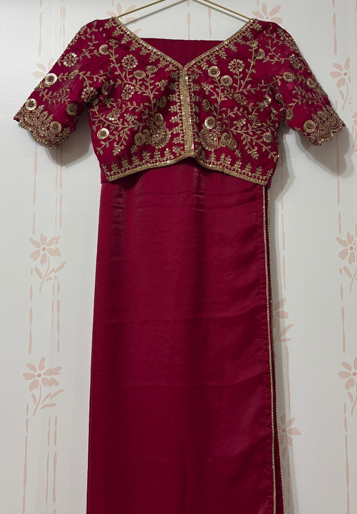 Hot Pink Velvet organza Saree and blouse set