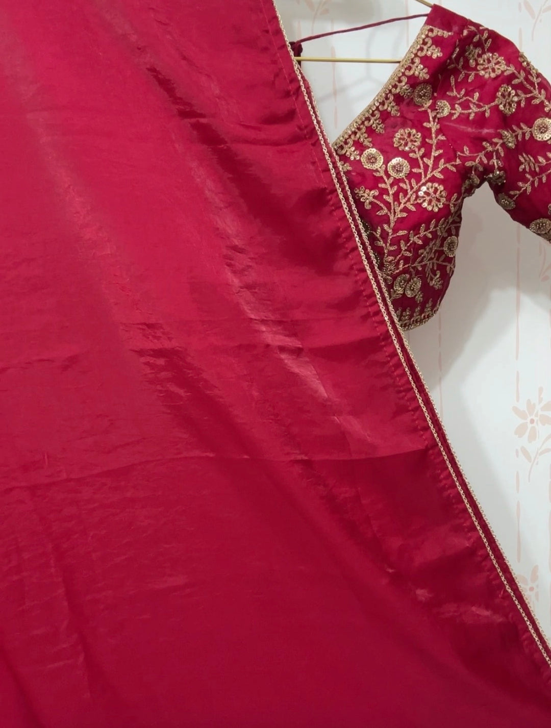 Hot Pink Velvet organza Saree and blouse set