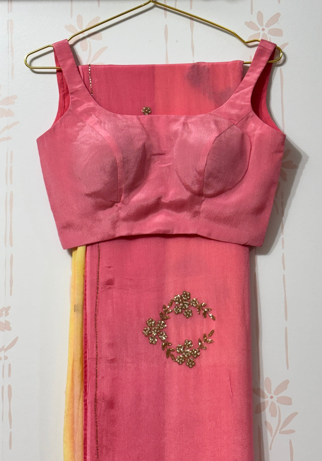Ombre Pink and yellow chiffon saree and blouse set